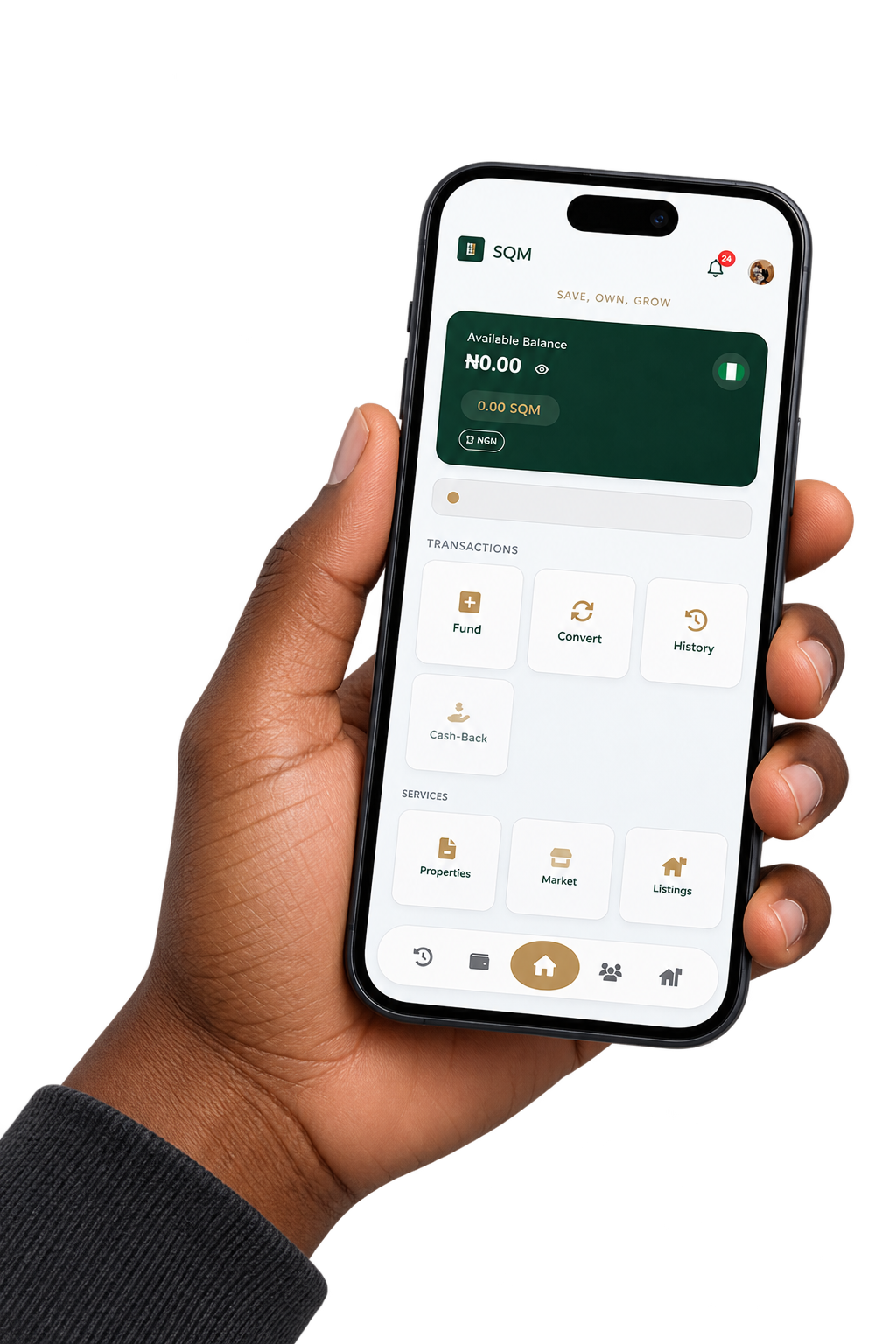 A hand holding a phone showing the Squemita app, with squares selected on a plot
