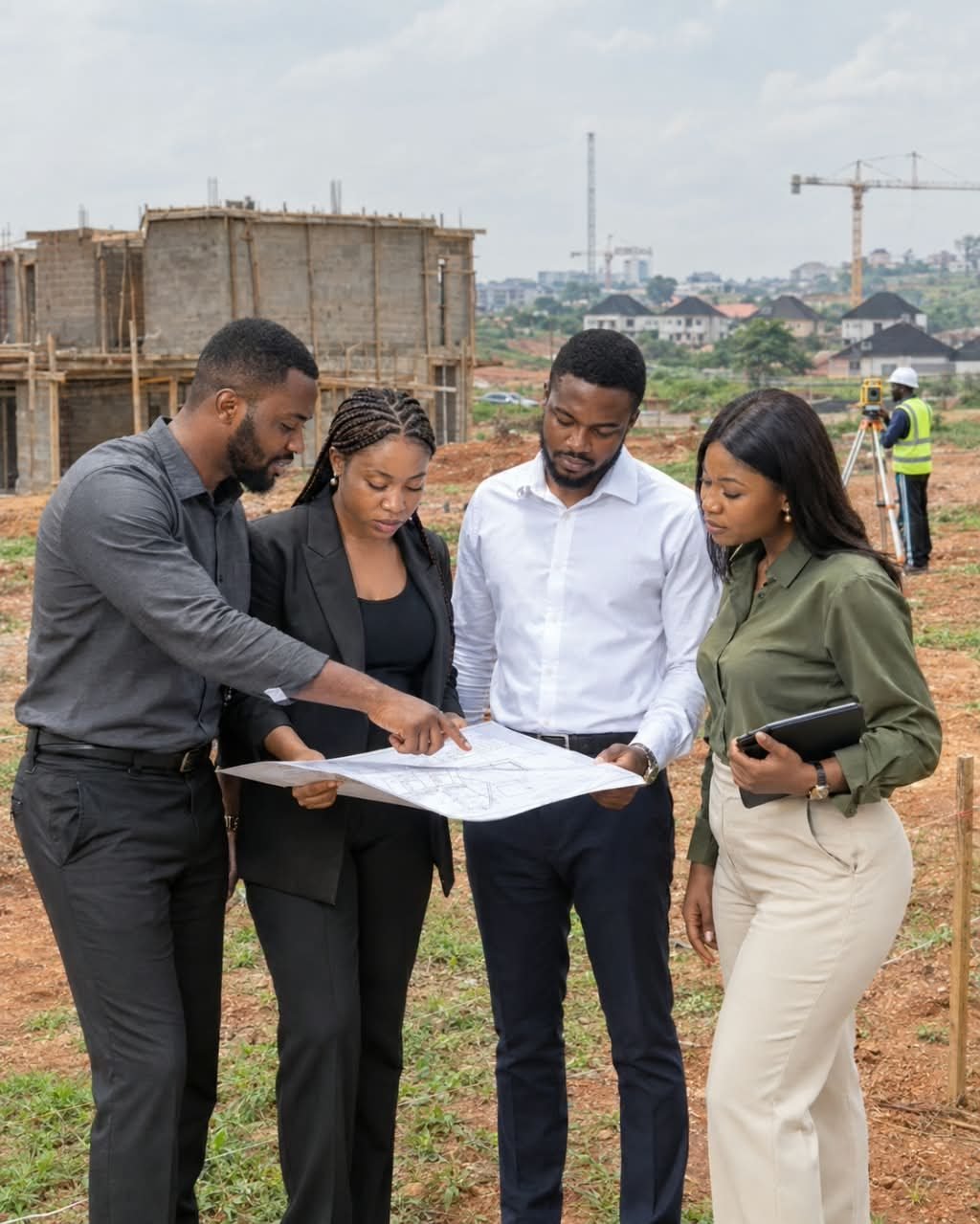 Four people reviewing a site plan together on a construction site